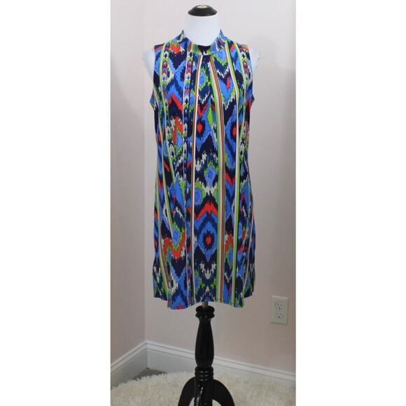 JUDE CONNALLY Sz M Medium Blue Red Green Splatter Print Sleeveless Nylon Dress - Picture 6 of 7